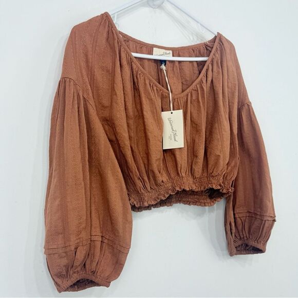 Universal Thread Rust Brown Cropped Puff Sleeve Peasant Blouse NEW - Picture 3 of 13